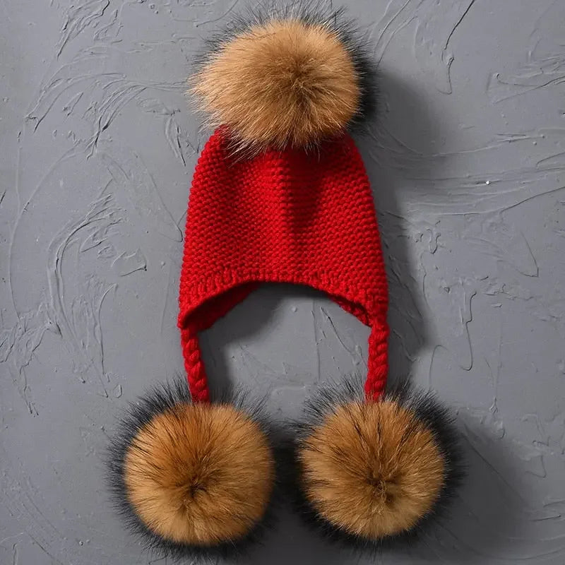 Knitted Baby Hat with Three Real Fur Pompom Children Beanie Boy Girl Natural Raccoon Fur Ball Kids Cap Cute Real Fur Pom Pom Hat