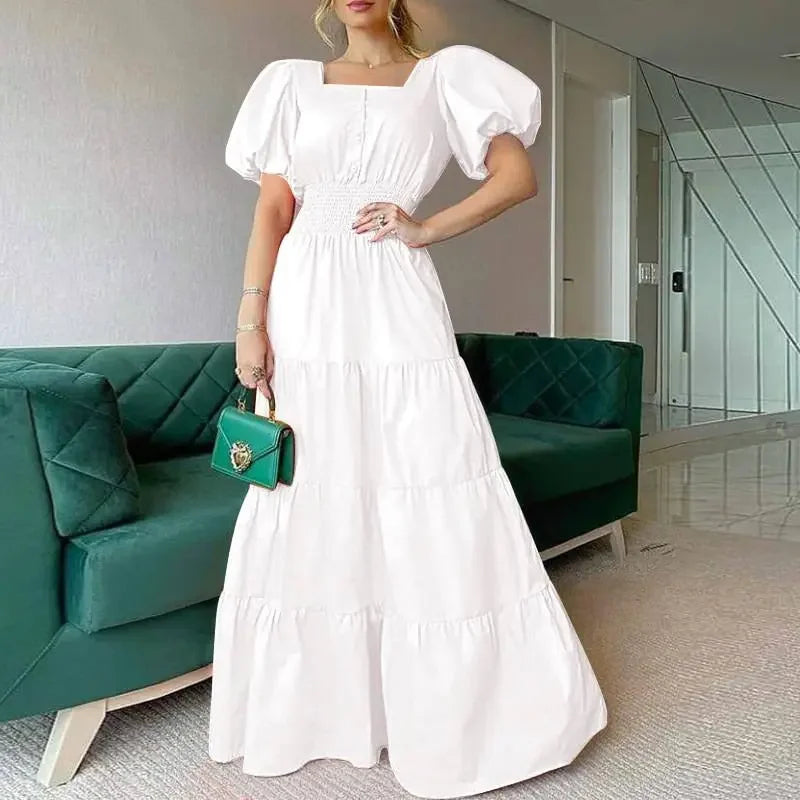 Summer Puff Shoulder Sexy Party Dress Spring Solid Button Long Shirt Dress Women Elegant Turn-down Collar Office Lady Maxi Dress