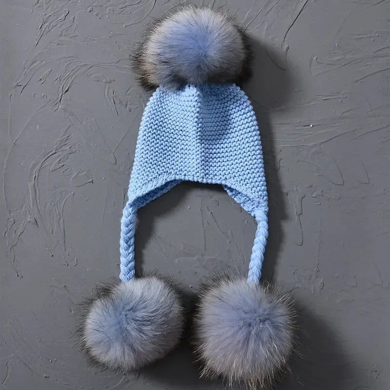 Knitted Baby Hat with Three Real Fur Pompom Children Beanie Boy Girl Natural Raccoon Fur Ball Kids Cap Cute Real Fur Pom Pom Hat