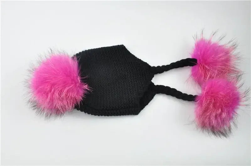 Knitted Baby Hat with Three Real Fur Pompom Children Beanie Boy Girl Natural Raccoon Fur Ball Kids Cap Cute Real Fur Pom Pom Hat