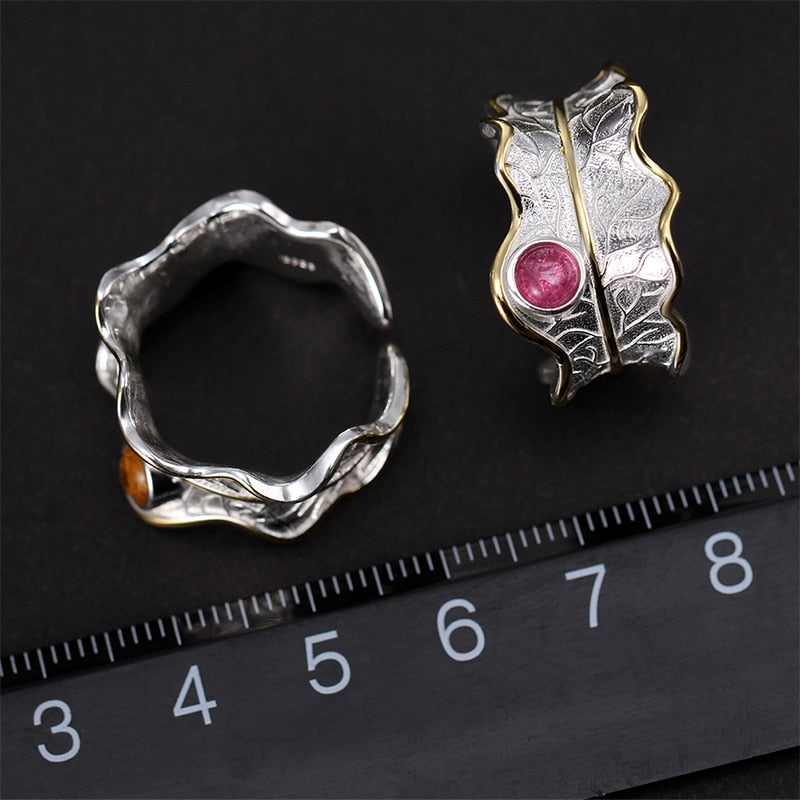 Lotus Fun Real 925 Sterling Silver Ring Natural Tourmaline Gemstones Fine Jewelry Adjustable Peony Leaf Rings for Women Bijoux
