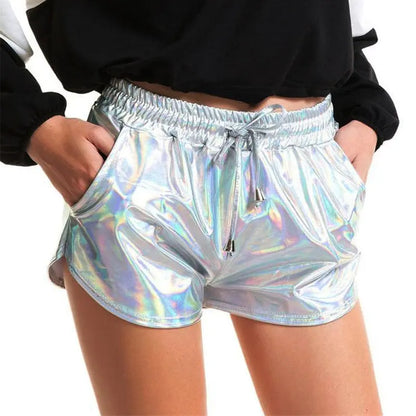 Women Shiny Metallic Hot Shorts Holographic Wet Look Casual Solid Elastic Drawstring Festival Rave Booty Shorts 2022 Summer New