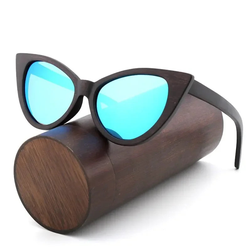Brand Design Fashion Cat Eye Polarized Sunglasses Wood Sun Glasses Female Eyewear Blue Sunglasses case Gafas de sol