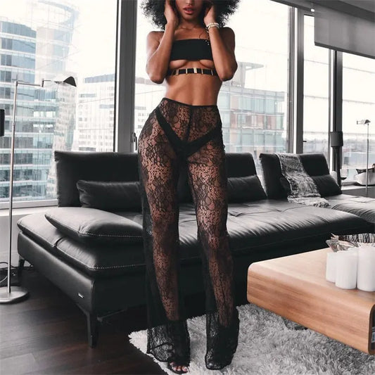 BKLD Sexy Women High Waist Pants New 2019 Black White Lace Sheer Wide Leg Pants Ladies Sexy Beach Cover Up Trousers Flare Pants
