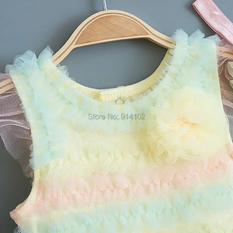 Rainbow Stripes Baby Girl Dress Summer Lace Kids Baptism Birthday Dress Princess Girls Clothing Infant Dresses Vestido