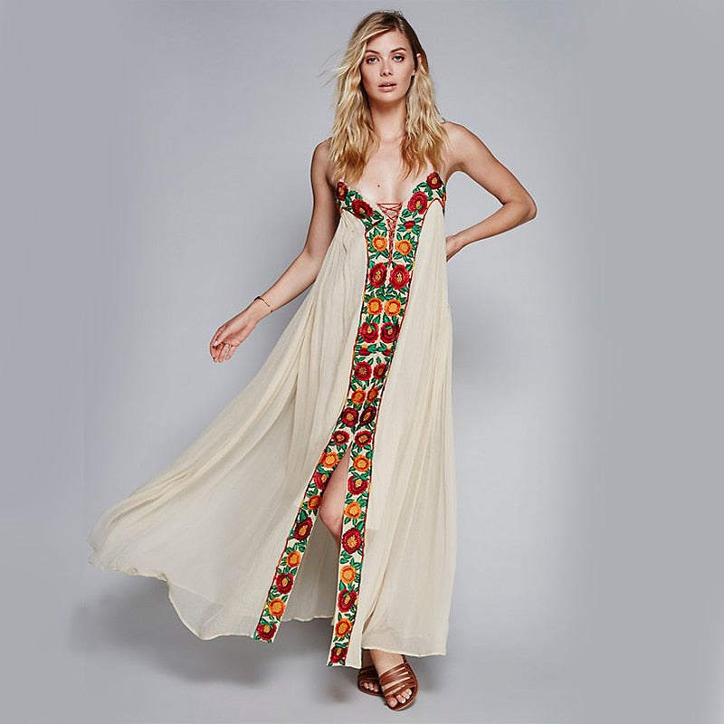 Floral Embroidery Maxi Party Dress