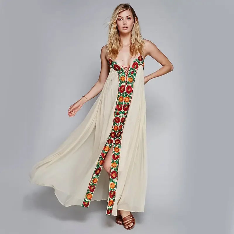 Floral Embroidery Maxi Party Dress - LUXLIFE BRANDS