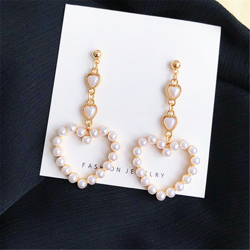Fashion heart sutd earrings female Popular long heart pearl earrings banquet jewelry accessories tassel earrings for women