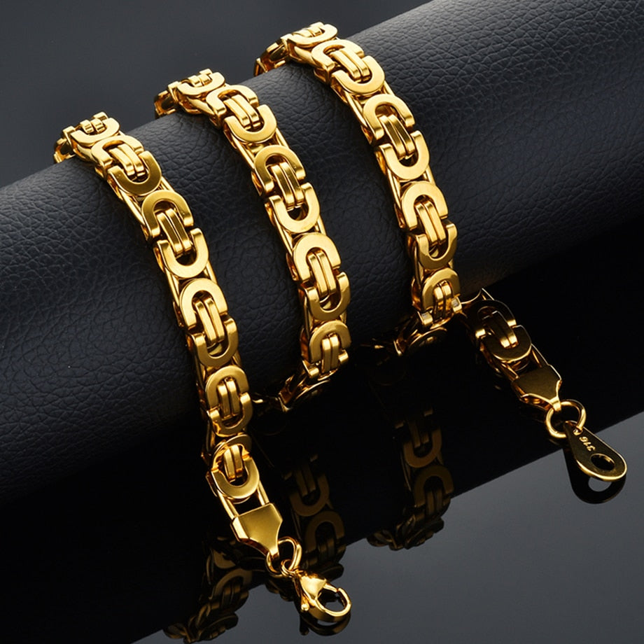 Fashion Luxury Men Gold Color Necklace 316L Stainless Steel Byzantine Chains Street Hip Hop Jewelry