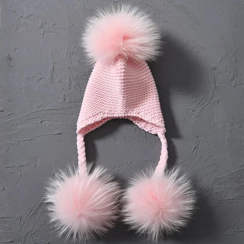 Knitted Baby Hat with Three Real Fur Pompom Children Beanie Boy Girl Natural Raccoon Fur Ball Kids Cap Cute Real Fur Pom Pom Hat