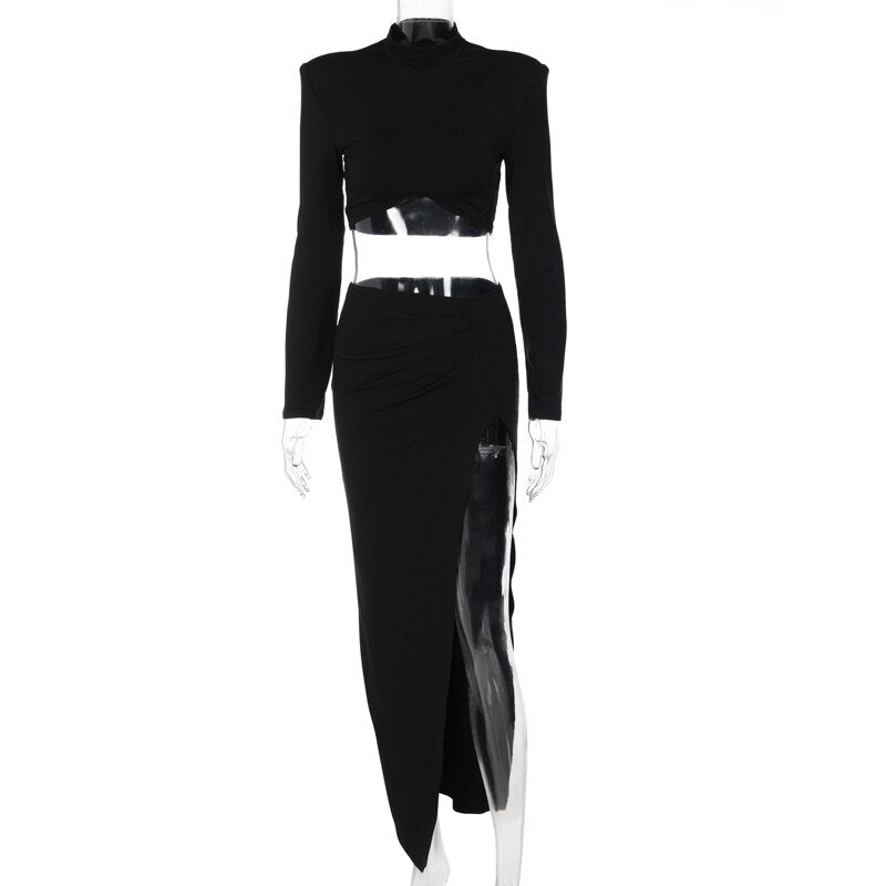 Chicology 2021 Women 2 Pieces Black Long Sleeve Shoulder Pad Crop Top Streetwear Autumn Winter Slit High Waist Skirts Sets