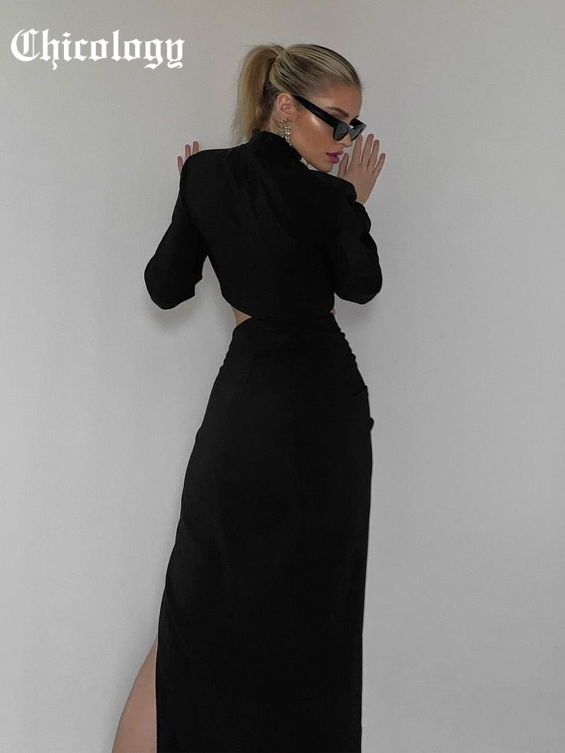 Chicology 2021 Women 2 Pieces Black Long Sleeve Shoulder Pad Crop Top Streetwear Autumn Winter Slit High Waist Skirts Sets