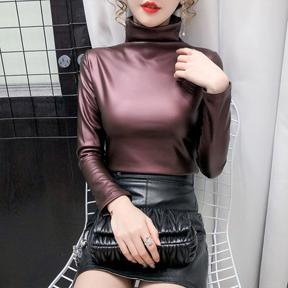 Winter turtleneck long sleeve pullover faux leather blouse