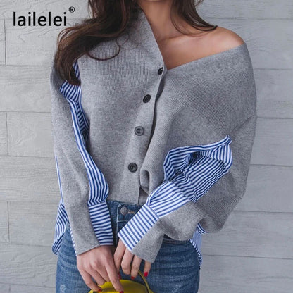 Female Patchwork Sweater Button Cardigan Laine Lovely Jumper V Neck Black Grey Sweaters Casual Women Autumn Knitting Stripe Tops