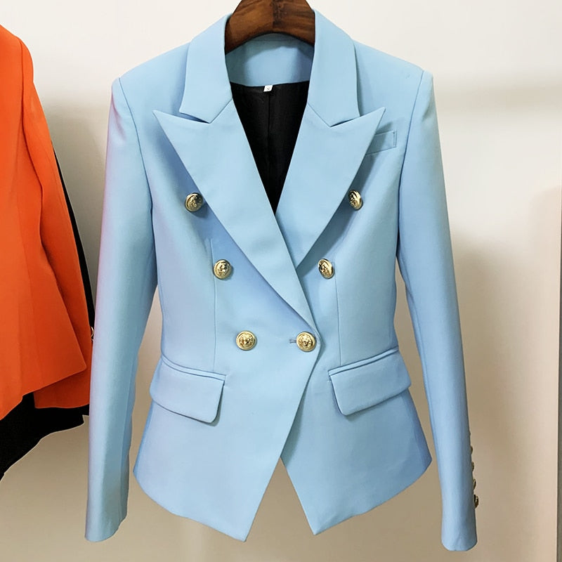 HIGH STREET Newest 2023 Designer Jacket Fashion Women's Classic Slim Fitting Double Breasted Lion Buttons Blazer Baby Blue