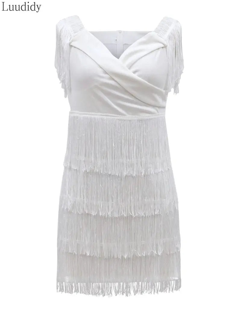 White Fringe Celebrity Evening Runway Party Dress Women Sexy Tassels Short Sleeve Club Dress Vestidos