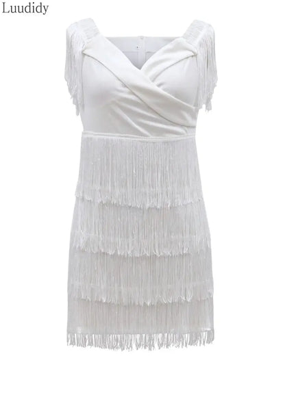 White Fringe Celebrity Evening Runway Party Dress Women Sexy Tassels Short Sleeve Club Dress Vestidos