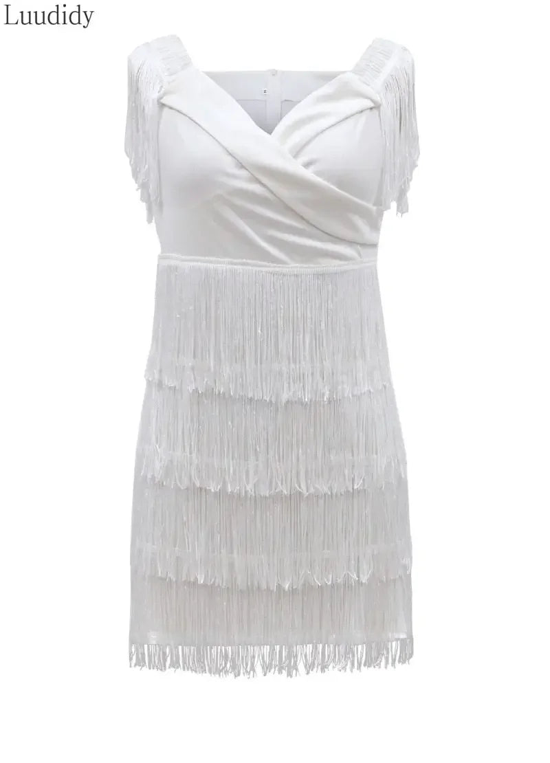 White Fringe Celebrity Evening Runway Party Dress Women Sexy Tassels Short Sleeve Club Dress Vestidos
