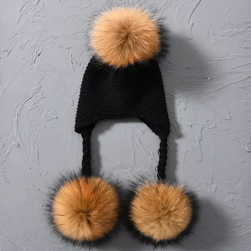 Knitted Baby Hat with Three Real Fur Pompom Children Beanie Boy Girl Natural Raccoon Fur Ball Kids Cap Cute Real Fur Pom Pom Hat