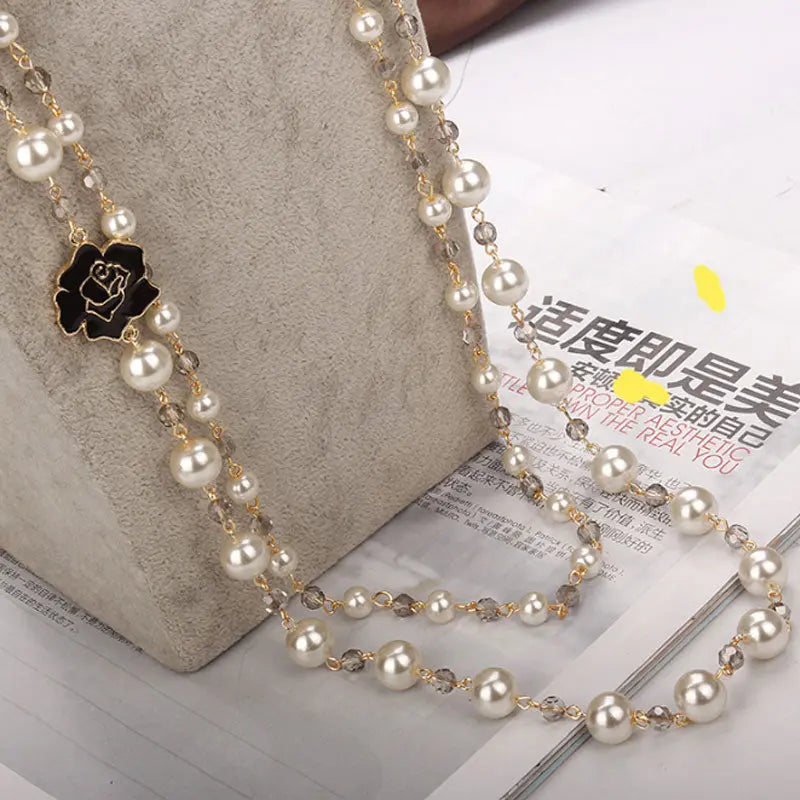 korean Camellia double layerd sweater long chain pearl necklace pendant jewelry for women party