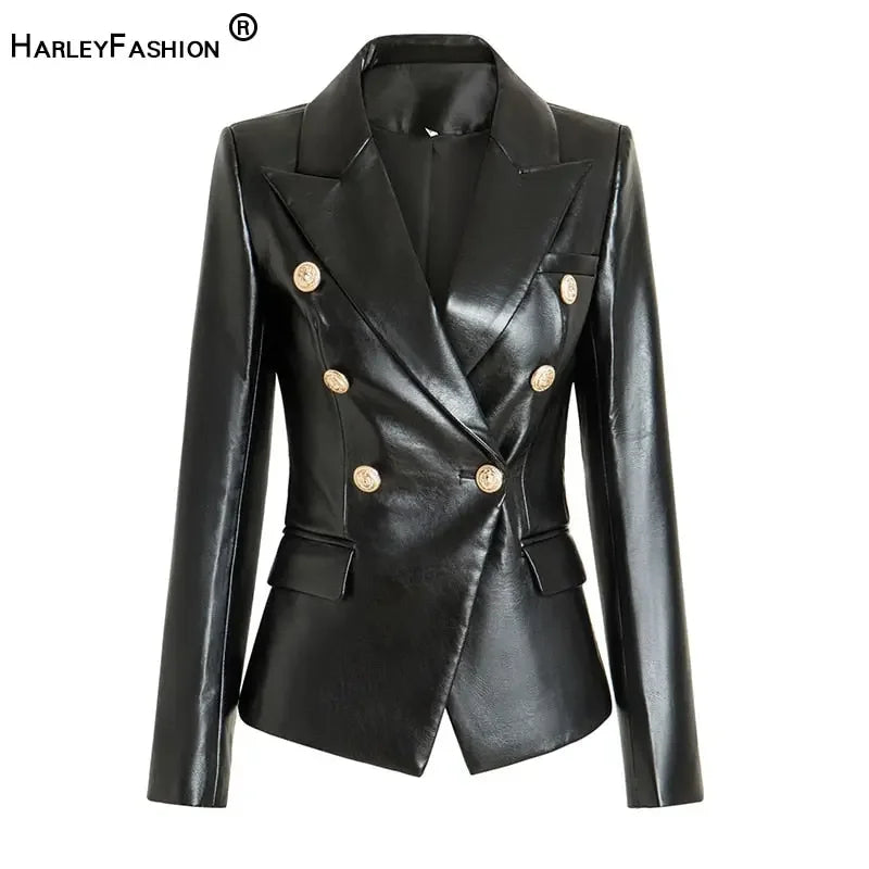 HarleyFashion European American Top Quality PU Leather Fittness Gold Buttons Slim High Street Women Black Blazer