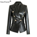 HarleyFashion European American Top Quality PU Leather Fittness Gold Buttons Slim High Street Women Black Blazer