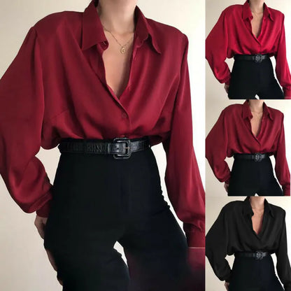 Button Down Blouse Loose Fit - Red/ Wine Red / Black