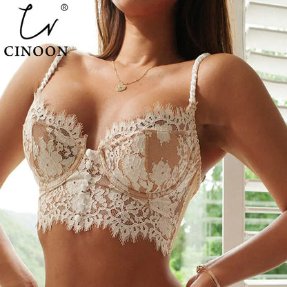 CINOON Sexy Lingerie French Women&#39;s underwear Ultra Thin Lace Flower Embroidery Bralette Bra Push up Eyelash Female Underwear