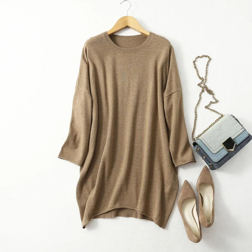 Women's 85% Silk 15% Cashmere Crew Neck Long Loose Type Pullover Top Sweater Dress LY001 LUXLIFE BRANDS