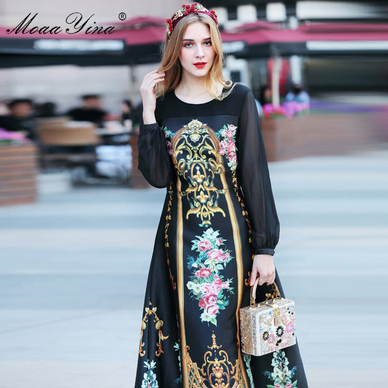 Vintage Floral-Print Black Maxi Dress