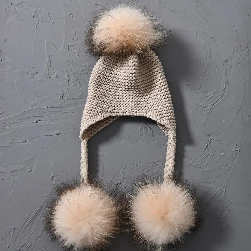 Knitted Baby Hat with Three Real Fur Pompom Children Beanie Boy Girl Natural Raccoon Fur Ball Kids Cap Cute Real Fur Pom Pom Hat