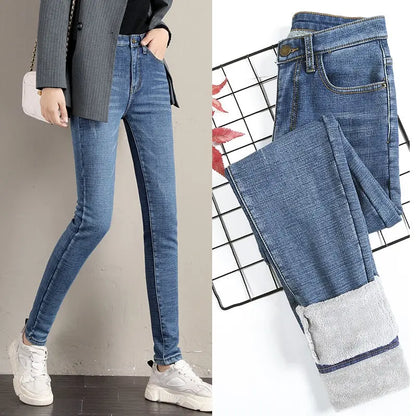 TIKTOK High Waist Stretchy Thick Fleece Denim Jeans