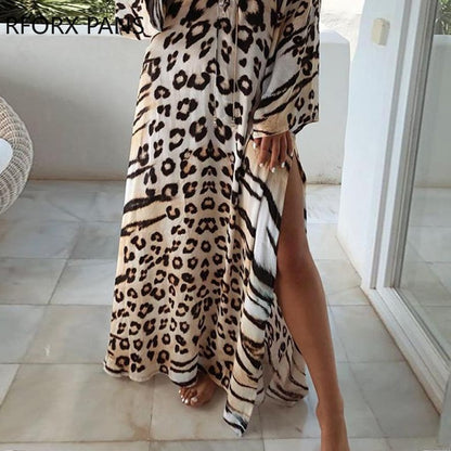 Women Dress Cheetah Print Lace-up High Slit Maxi Dress Maxi Dress for Women