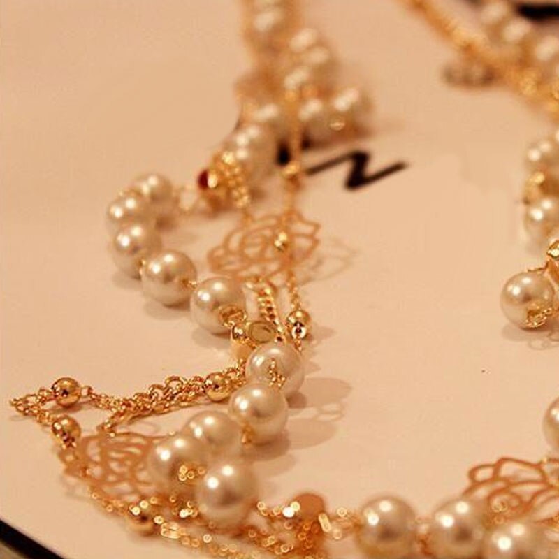 Long Simulated Pearl Necklace For Women Camellia Double Layer Pendant Sweater Chain Party Necklace