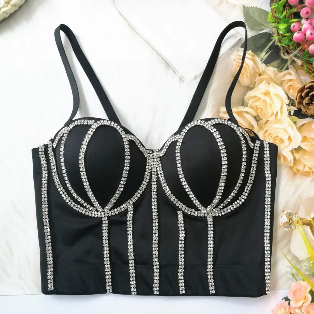 Irene Tinnie Sexy Rhinestone Bustier Corset Push Up Night Club Bralette Women&#39;s New Fashion Bra Cropped Top Plus Size Vest