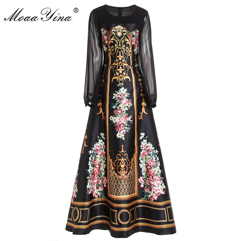 Vintage Floral-Print Black Maxi Dress