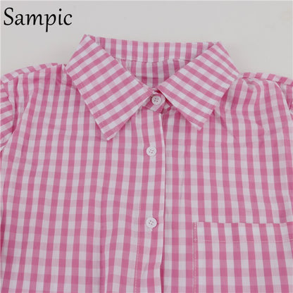 Sampic Sexy Casual Women Tracksuit Pink Plaid Shorts Lounge Wear Long Sleeve Shirt Tops And High Waist Mini Shorts Two Piece Set