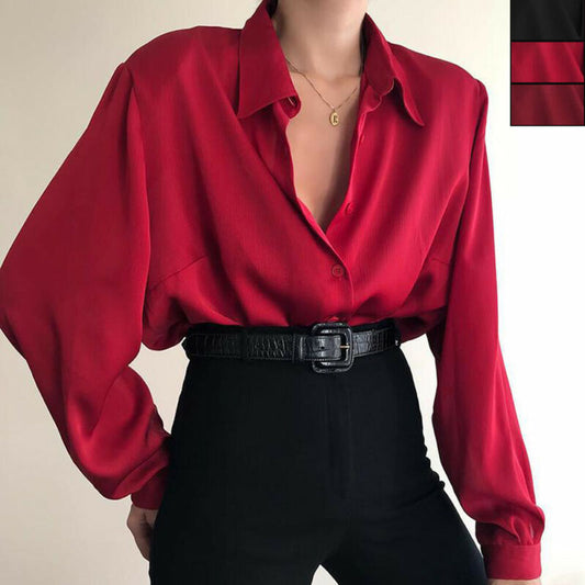 Button Down Blouse Loose Fit - Red/ Wine Red / Black