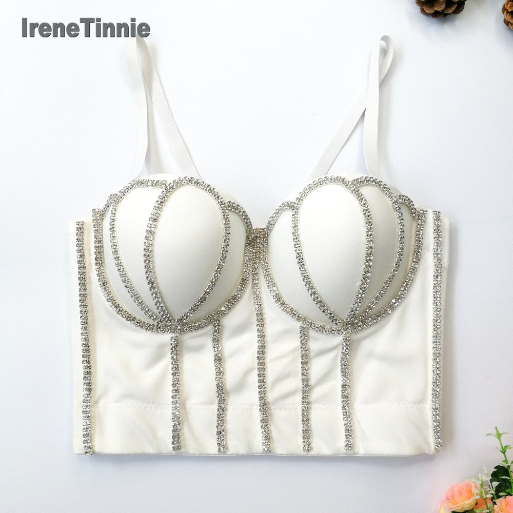 Irene Tinnie Sexy Rhinestone Bustier Corset Push Up Night Club Bralette Women&#39;s New Fashion Bra Cropped Top Plus Size Vest