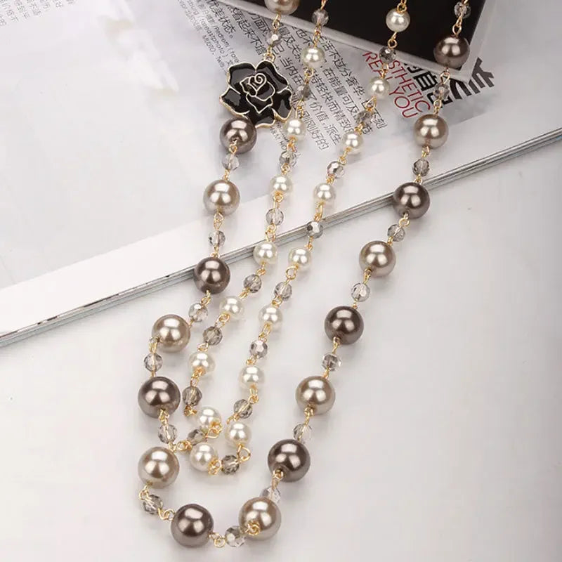 korean Camellia double layerd sweater long chain pearl necklace pendant jewelry for women party