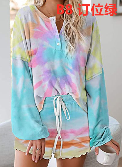 Rainbowwaves Women Pajamas Sets Tie Dye Printing Ruffle Short Casual Long Sleeved Top And Shorts Two Piece Pajamas