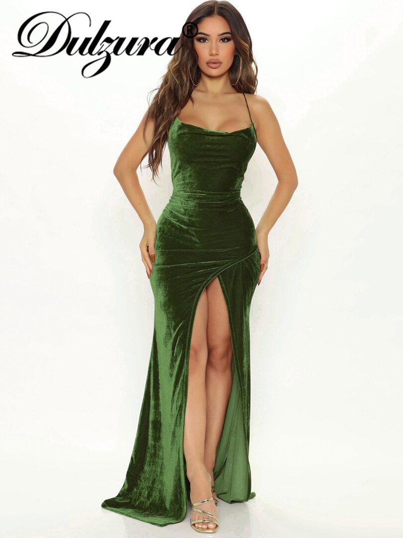 Green Velvet Maxi Slit Dress