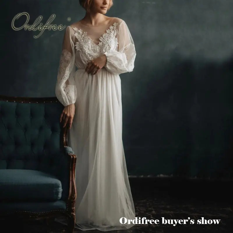 Long Sleeve Lace Beach Bridal Gown - LUXLIFE BRANDS