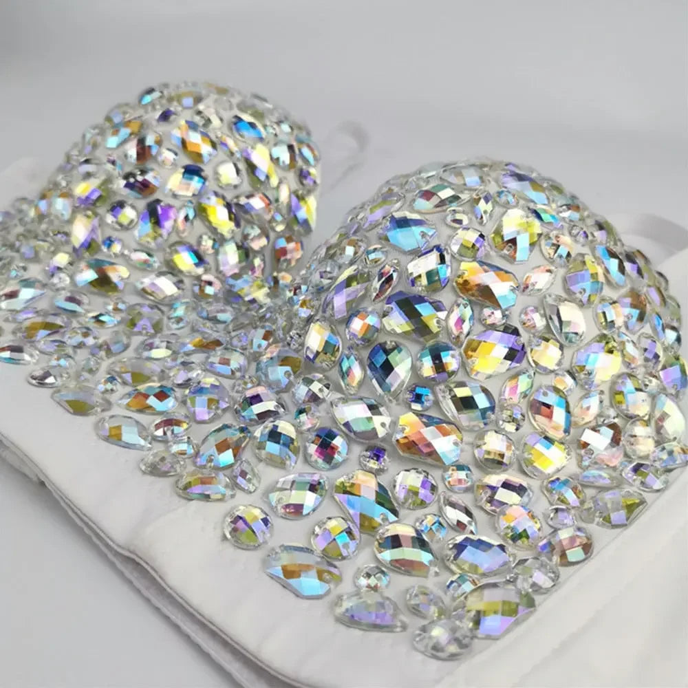 IRENE TINNIE Handmade Shiny Rhinestone Crop Top Shining Tank Top Backless Vest Sexy Bra Party Nightclub Vest
