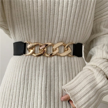 Punk Fashion Women Elastic Belts Designer Luxury Brand PU Thick Chain Waist Strap Dress Coat Sweater Lady Decorative Waistband