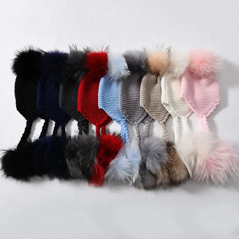 Knitted Baby Hat with Three Real Fur Pompom Children Beanie Boy Girl Natural Raccoon Fur Ball Kids Cap Cute Real Fur Pom Pom Hat