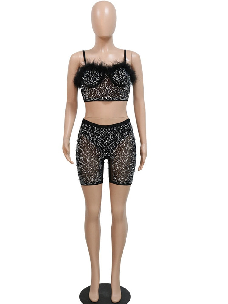 Kricesseen Sexy Crystal Sheer Two Pieces Matching Set New Women Sleeveless Strap Feather Top And Shorts Suit Clubwear Outfits