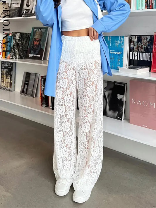 Fantoye Sexy See Through Lace Women Pant White Hollow Out High Waist Two Piece Sets Female Summer Casual Outside Streetwear 2023