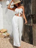 ZAFUL Bandeau Smocked Ruffle Bowknot Wide Leg Pants Set