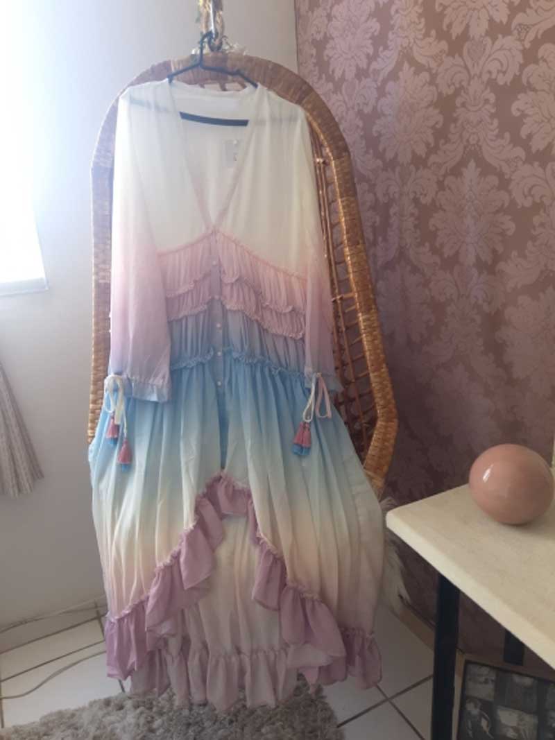 Flare Sleeve Empire Rainbow Maxi Dress